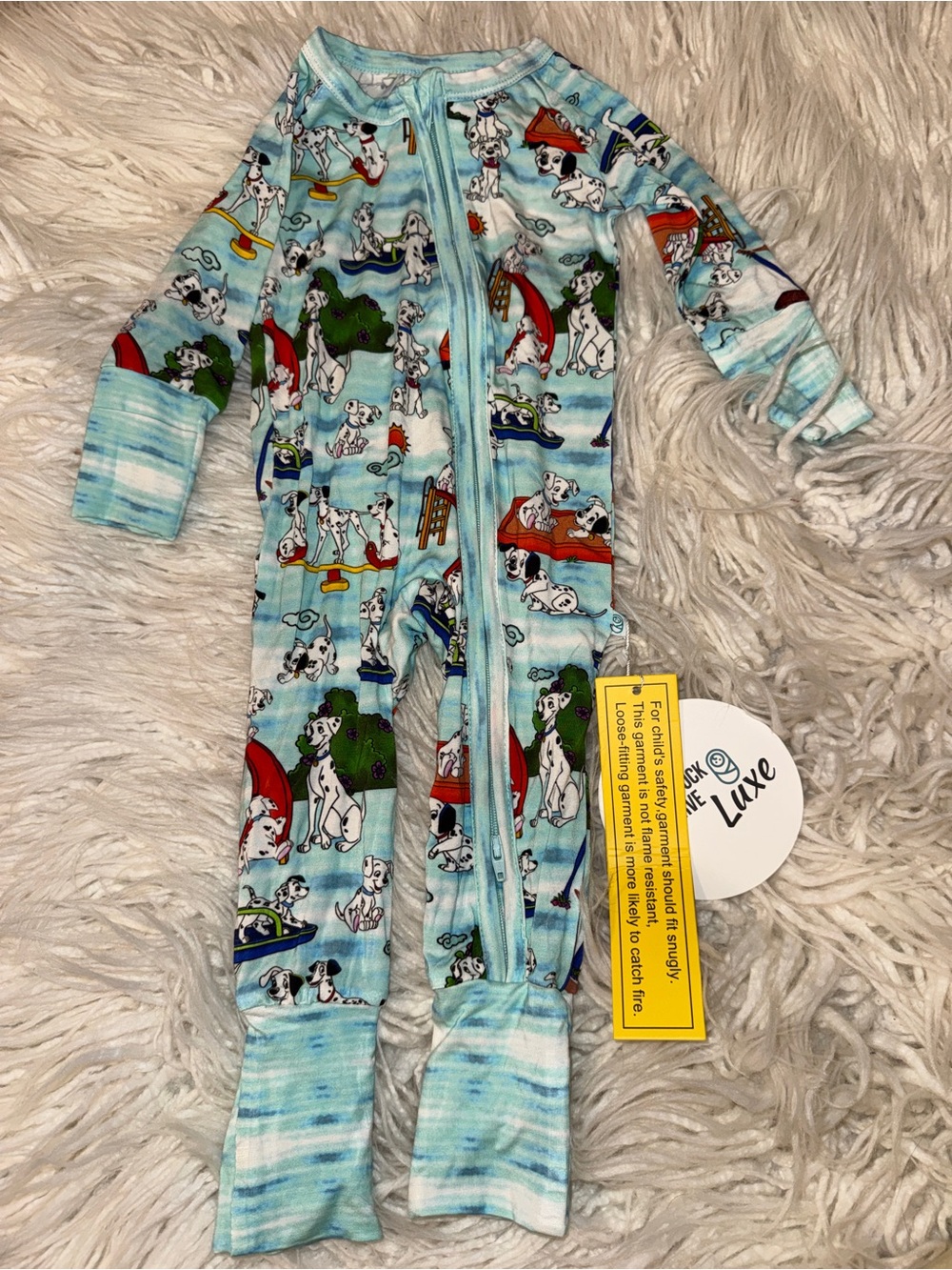 Kids Zip Front One-Piece Pajamas - Light Blue Dalmatian Print